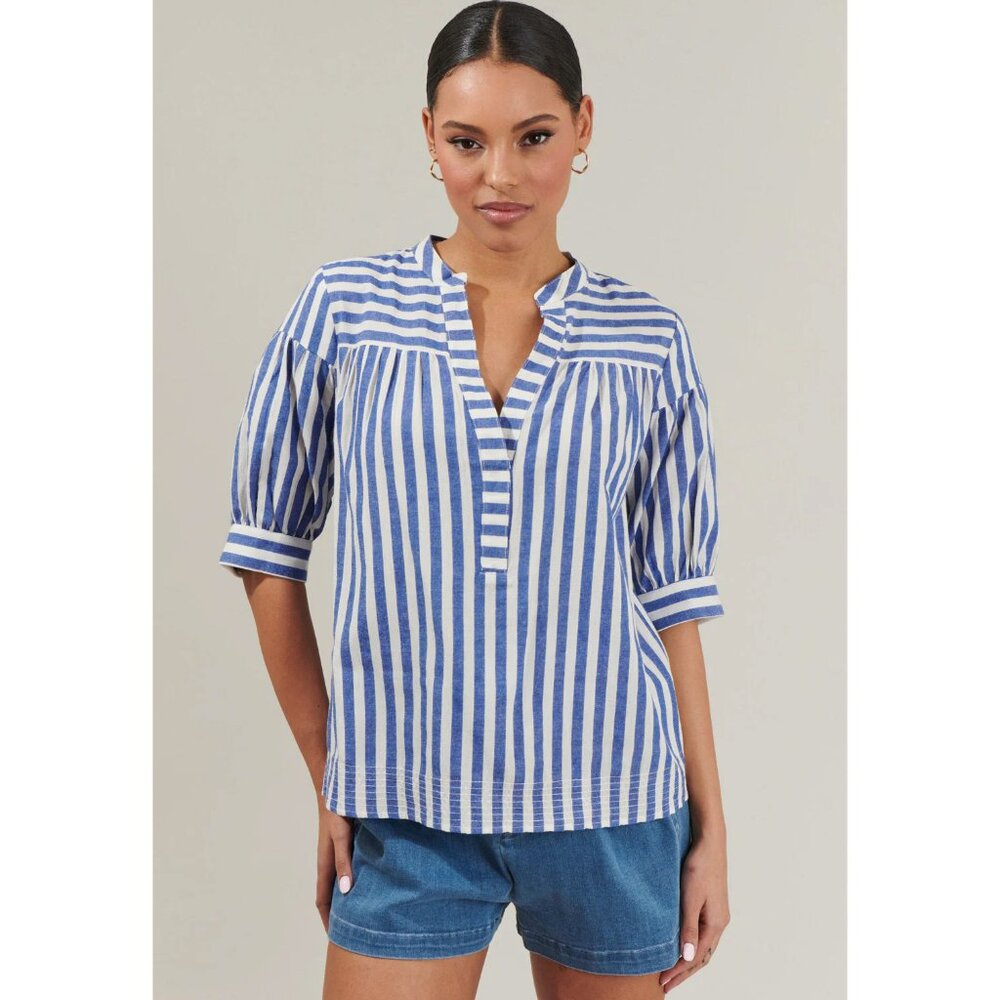Sugarlips Catana Striped Split Neck Blouse - Blue and White Stripe - SMALL